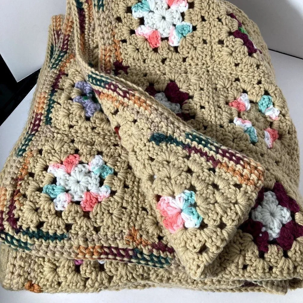 Handmade Granny Square Crocheted Blanket‎ Tan w Multicolored Squares 50 x 60